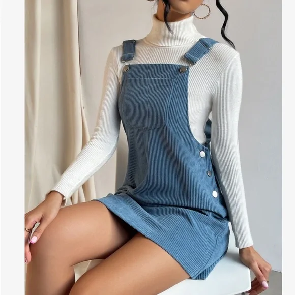 Classic Elegant Corduroy Solid Pocket Jumper Overall Dress Without Sweater - Picture 2 of 13